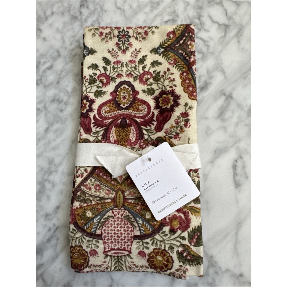Pottery Barn Lila Floral Cotton Napkins - Set of 4 NWT 20"x20"
